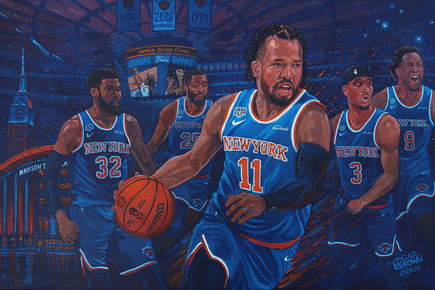Kings of New York - Edgar J. Brown painting of the 2026 Champion New York Knicks with Jalen Brunson driving at Madison Square Garden